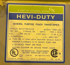 Image for 145 KVA 380 Primary, 460Y/266 Secondary, hevi-Duty 3 phase transformer, 50 hz