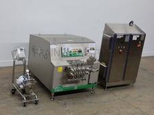 FBF Italia SRL #7075, 2-stage homogenizer, vari-speed, up to 2400 GPH, 3625 psi, semi-spherical supply and