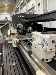 Mazak #PowerMaster-N, CNC flatbed lathe, 35" swing, 25" chuck, 4-jaw, 10" bore, 120" centers, Fusion 640