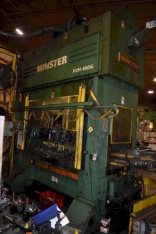 180 Ton, Minster #P2H-160G, high-speed straight side press, 7.87" stroke, 19.68" Shut Height, 5.9" adj., 120