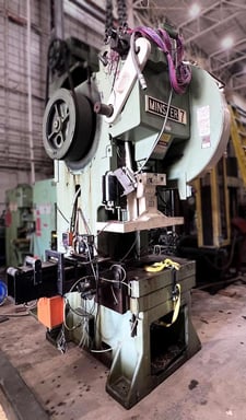75 Ton, Minster #7, fixed base gap frame press, 4" stroke, 21" Shut Height, 3.5" adj., 36" x24" bed, 90 SPM
