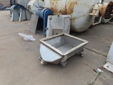 Stainless Steel bin, 36" x 36" x 15" deep, 4" dia outlet, on casters, plexiglass top cover
