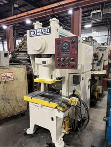 45 Ton, NIDEC Minster #CX1-450, gap frame, 3.15" stroke, 9.84"Shut Height,air clutch, 33.5" x 17.3"bed, 2014