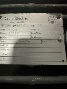 100 HP 1800 RPM Davis Electric, Fr. 404TY, 575 Volts, Squirrel Cage, Refurb