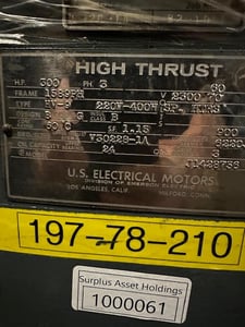 300 HP 900 RPM US Electric, Fr. 1589PH, 220/400 Volts, Verticle Pump, Refurb