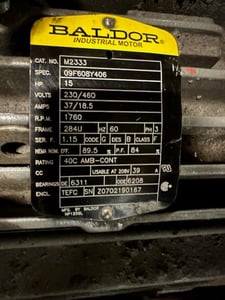 15 HP 1760 RPM Baldor, Frame 284U, 230/460 Volts, Squirrel Cage, electrically OK