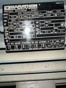 15 HP 698 RPM Marathon Electric, Frame 326T, 230/460 Volts, Squirrel Cage, Refurb