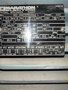 15 HP 698 RPM Marathon Electric, Frame 326TC, 230/460 Volts, Squirrel Cage, Refurb