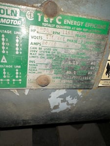 30 HP 1165 RPM Lincoln Motors, Frame 326TC, 230/460 Volts, Squirrel Cage, electrically OK