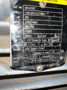 40 HP 1185 RPM Baldor, Frame 364T, 230/460 Volts, Squirrel Cage, electrically OK
