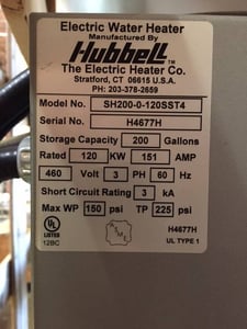 Hubbell #SH-200-0-120SST4, Water Heater Electric Storage Tank