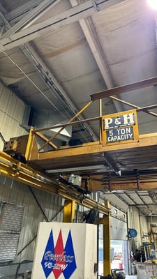 5 Ton, P & H Double Grinder Bridge Crane, 42' Span, 48' Runway, 10' Column, Pendant Control
