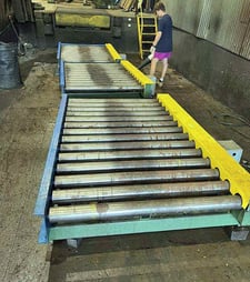 20000 lb. Braner banding line conveyor, (3) sections storage conveyor, 5" dia. x 52" face rolls