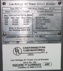 1200 Amps, Westinghouse, DS-416, trip, Frame 1600, drawout, manually operated (2 available)