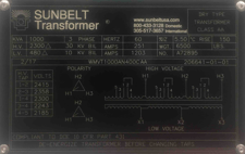 1000 KVA 2300 Delta Primary, 480 Delta Secondary, Sunbelt . Dry, NEW RTS