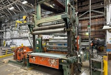 Langston, Two Drum Slitter Rewinder, 72" diameter Capacity, Overhead Bridge Crane w/ Coffin Hoist, Hydraulic