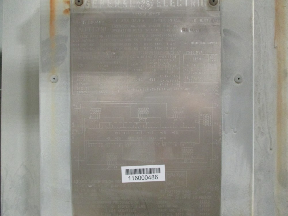7500 KVA 115000 Delta Primary, 13200Y/7620 x 26400Y/15240 Secondary, General Electric