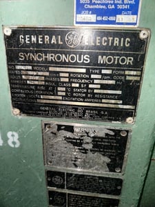 1080 HP 900 RPM General Electric, 2300 Volts, 125 Exc. Volts