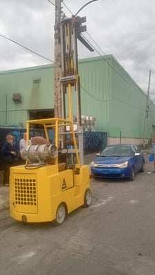 5000 lb. Allis-Chalmers forklift, 182" lift height, 3-mast, propane, cushion tires