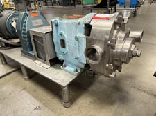 Waukesha #130, positive displacement pump, 3" dia. inlet/outlet with sanitary tri-clamp fittings, 10 HP moto