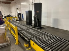 Wulftec #WCA-Smart, fully automatic pallet wrapping system, powered roller conveyor