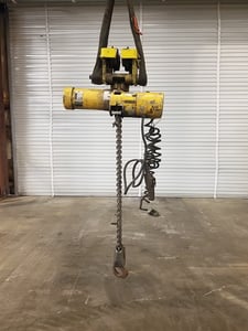 3 Ton, Budgit #113458-13, electric chain hoist, 10' lift, push button pendant, manual trolley
