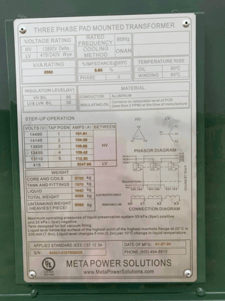 2550 KVA 13800 Delta Primary, 415/240 Secondary, WYE, Padmounted Transformer, Oil