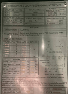 3000 KVA 23000 Delta Primary, 416/240 Secondary, 3 phase loop feed pad mounted transformer, oil