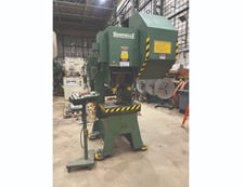 55 Ton, Rousselle #G1-55, single crank flywheel gap frame press, 3" stroke, 13" Shut Height, 4" adj., 28"