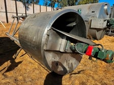 850 gallon Stainless Steel jacketed mix tank, 60" dia. x 60" deep, dish bottom, 2" center bottom outlet