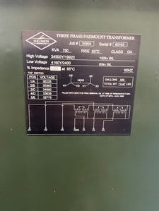 750 KVA 34500Y/19920 Primary, 4160Y/2400 Secondary, 3 phase, Padmount Transformer