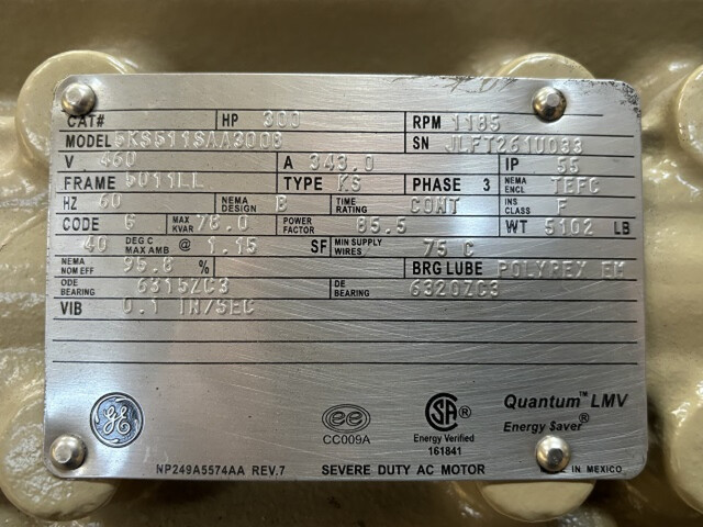 300 HP 1200 RPM General Electric, Frame 5011LL, TEFC BB, 460 Volts, New Surplus