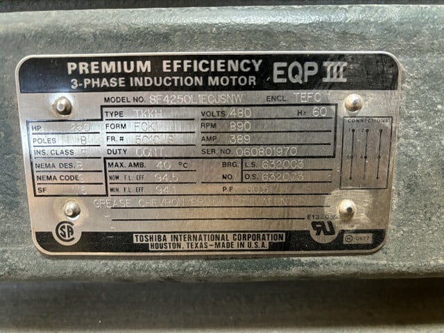 250 HP 900 RPM Toshiba, Frame 5010US, TEFC BB, 460 Volts, New Surplus