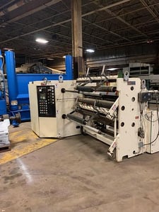 Dusenbery #835L3, 63" duplex cantilevered slitter rewinder, 40" unwind diameter, 3" dia. unwind shaft