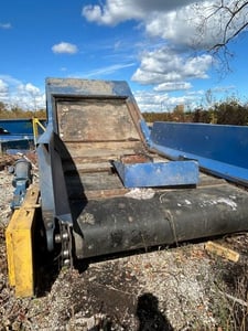 82" wide x 12' long, Hustler, inclined rubber belt conveyor, 7.5' drop height, 3" flites, 3 HP