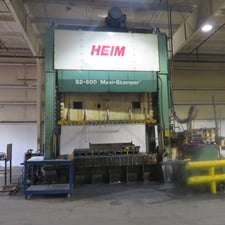 600 Ton, Heim #S2-600-144x60, straight side double crank press, 14" stroke, 40" Shut Height, 12" adj., 49"