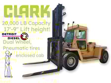 20000 lb. Clark #CHY205S, Diesel Pneumatic Tire Forklift, dual front wheels, 210" cap., 9090 hours
