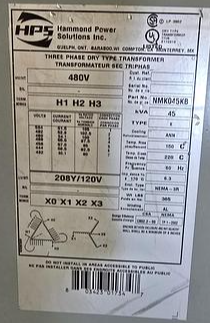 45 KVA 480 Primary, 208Y/120 Secondary, HPS NMK045KB, transformer, 3-phase, NEMA 3R, General Electric hvy