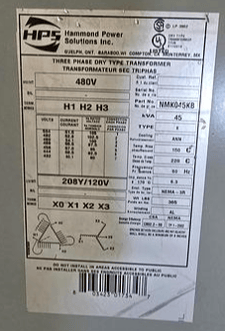 45 KVA 480 Primary, 208Y/120 Secondary, HPS NMK045KB, transformer, 3-phase, NEMA 3R, 150°C, General Electric