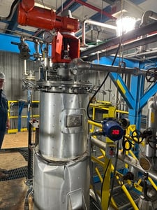 62 gallon Alloy Fabricators, 304 Stainless Steel jacketed mix tank, flat flanged top, cone bottom, 16" dia. x