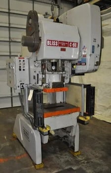 60 Ton, Bliss #C-60, OBI flywheel press, 4" stroke, 14.25" Shut Height, air clutch, 100 SPM, dual palm button
