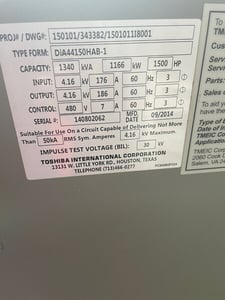 1500 HP Toshiba, Ehouse, 4160 Volts MV VFD