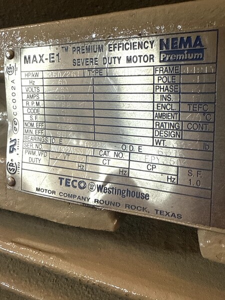 350 HP 1788 RPM Teco Westinghouse, Frame 449TY, TEFC, BB, 460 Volts