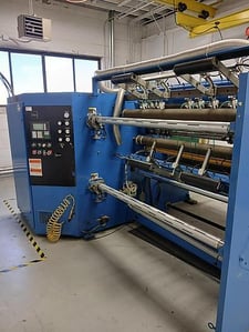 Dusenbery #835AT, 62" wide duplex slitter rewinder, 30" unwind diameter, 3" air shaft, web guide