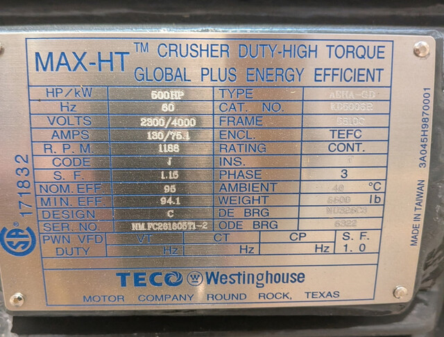 500 HP 1200 RPM Teco Westinghouse, Frame 5810C, TEFC R/B, 2300/4160 Volts, Design C - High Torque