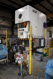 220 Ton, Aida #NCI-2000(2)E, single crank gap frame press, 9.84" stroke, 17.72"Shut Height, 4.33"adj., 25-50