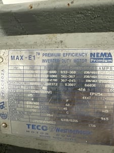 125 HP 1800 RPM Teco Westinghouse, Frame 444T, TEFC, ball, inverter duty, 230/460 Volts, new