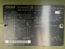 300 KVA 12470GY/7200 Primary, 208Y/120 Secondary, Howard Ind., 3 phase, Padmount Transformer
