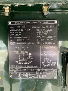 1500 KVA 27600GY/15935 Primary, 600Y/347 Secondary, Other 3 phase, Padmount Transformer