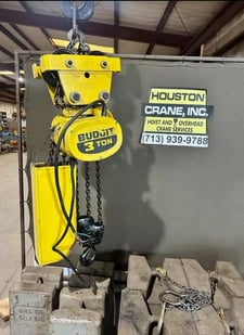 3 Ton, Budgit, electric chain hoist with push/pull trolley, 21' lift, 10 FPM, 230/460 V.